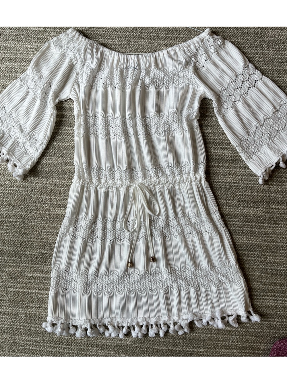 blue island White Smocked Off-Shoulder Mini Dress